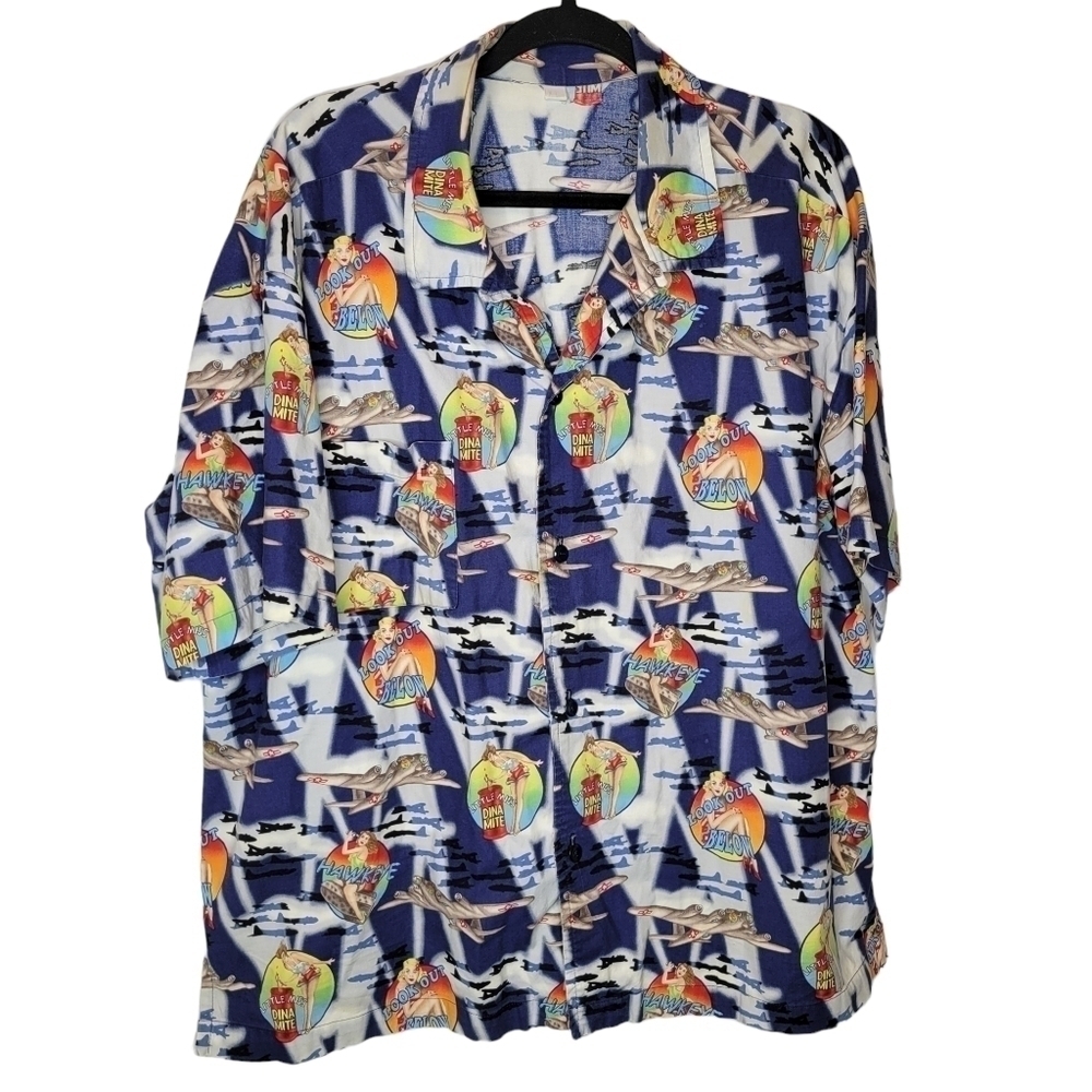 Vintage 90s Hawaiian Pinup Babes WWII Bomber Hawkeye Planes Button Up Shirt